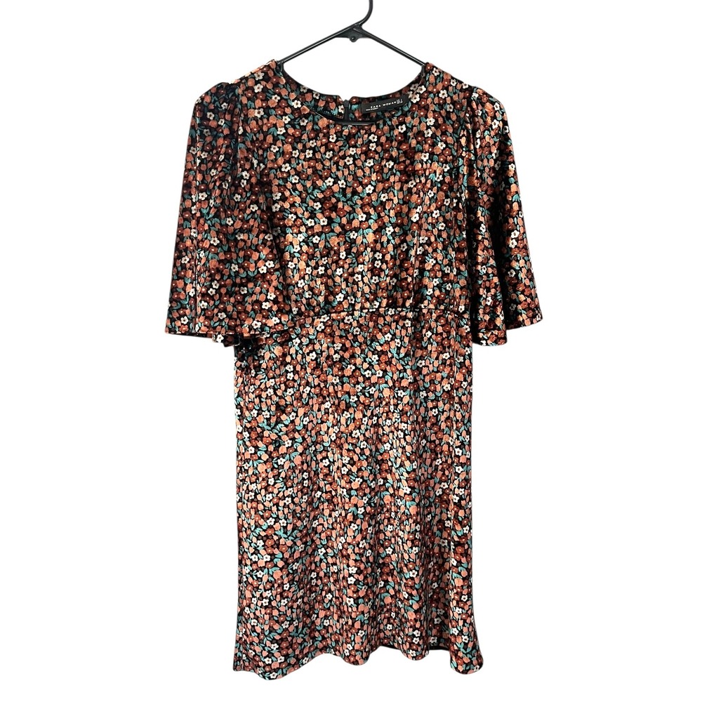 Zara Women Velvet Feel Floral Babydoll Mini Dress Short Sleeve Lined‎ L Boho